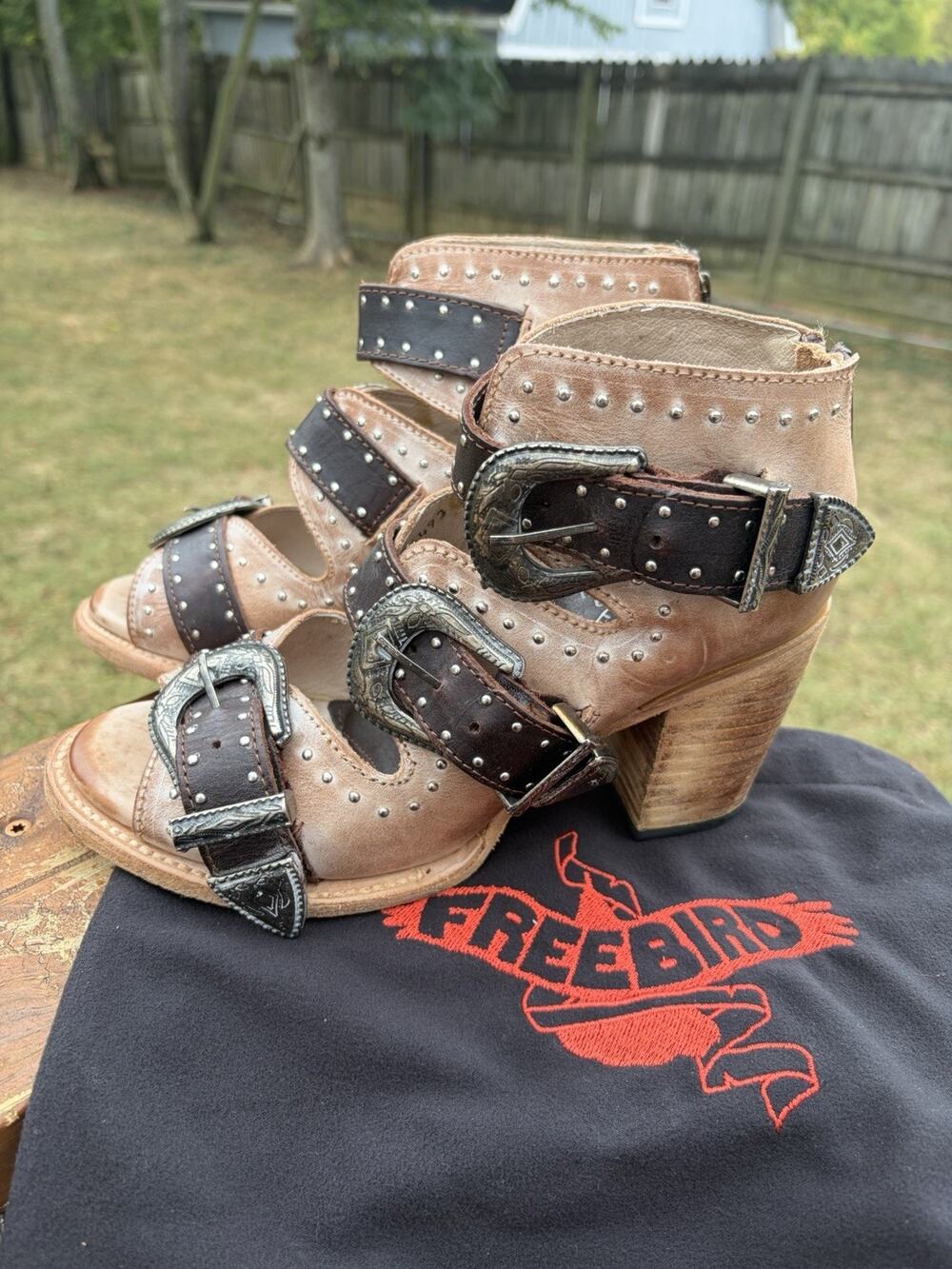 Freebird by Steven Violet Taupe Leather Western Buckle Heeled Sandals Size 8
